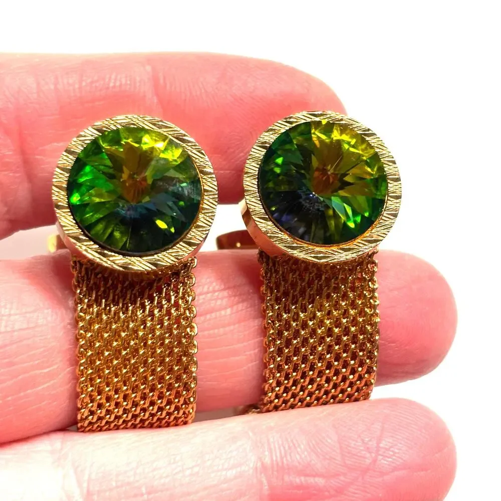 Gold wrap Cufflinks Rivoli style watermelon green & pink stones vintage 1970s